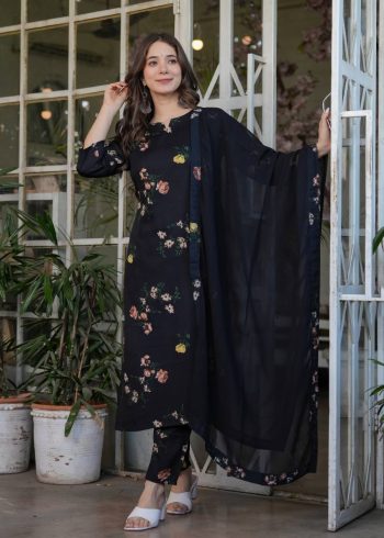 MODERN SILK BLEND PRINTED WORK TOP BOTTOM WITH DUPATTA BLACK