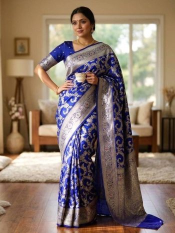 MODERN SILK FLOWERS AND MINA & ZARI WEAVING BORDER WORK SAREE WITH UNSTITCHED BLOUSE BLUE