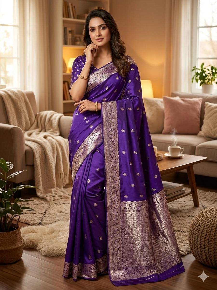 MODERN SILK FLOWERS AND MINA & ZARI WEAVING BORDER WORK SAREE WITH UNSTITCHED BLOUSE FESTIVE WEAR WHOLESALE PRICE ETHNIC GARMENT (3)