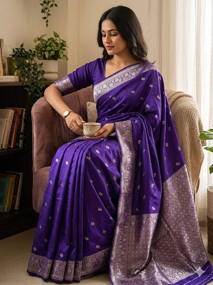MODERN SILK FLOWERS AND MINA & ZARI WEAVING BORDER WORK SAREE WITH UNSTITCHED BLOUSE FESTIVE WEAR WHOLESALE PRICE ETHNIC GARMENT (6)