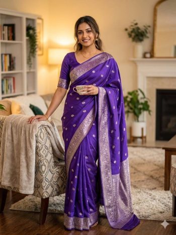 MODERN SILK FLOWERS AND MINA & ZARI WEAVING  BORDER WORK SAREE WITH UNSTITCHED BLOUSE PURPLE