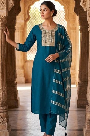 MODERN SLUB COTTON EMBROIDERY WORK TOP BOTTOM WITH DUPATTA TEAL