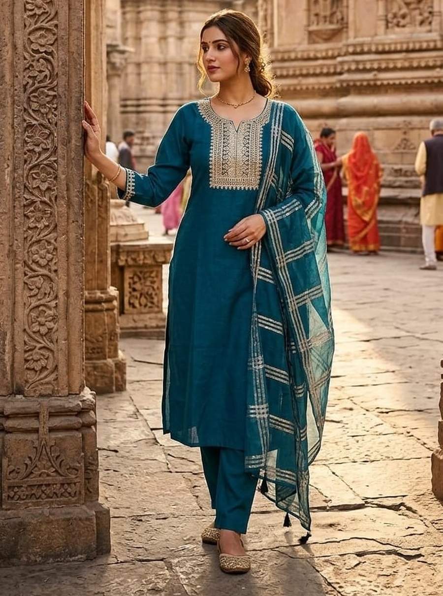 MODERN SLUB COTTON EMBROIDERY WORK TOP BOTTOM WITH DUPATTA FESTIVE WEAR WHOLESALE PRICE ETHNIC GARMENT (8)