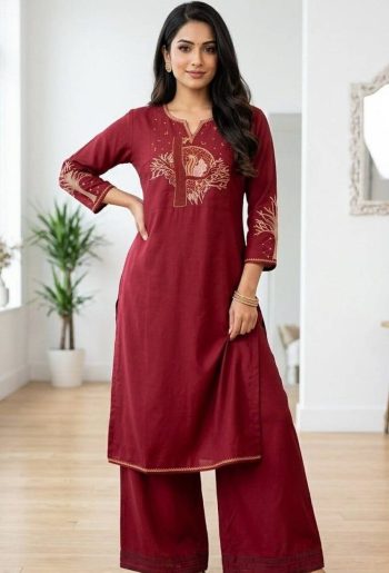 MODERN SLUB COTTON EMBROIDERY WORK TOP PENT SET MAROON
