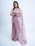 MODERN SOFT TWILL NET EMBROIDERY THREAD WITH SEQUENCE AND CUTWORK BORDER WITH STONE WORK SAREE WITH UNSTITCHED BLOUSE ONION