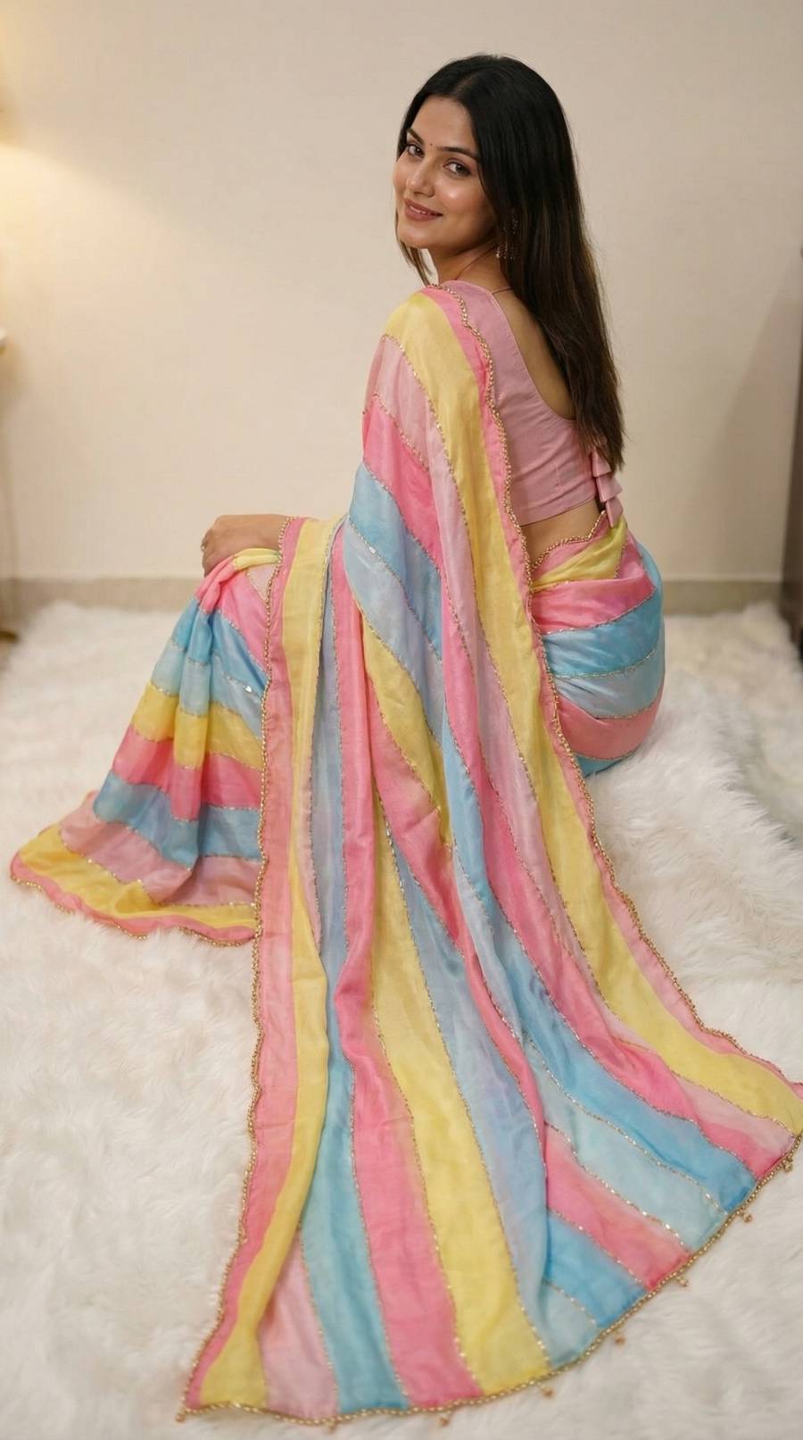 MODERN TABBY ORGANZA MULTI PRINTS WITH BEADS AND CUTDANA HANDWORK BORDER SAREE WITH UNSTITCHED BLOUSE PARTY WEAR WHOLESALE PRICE ETHNIC GARMENT (2)