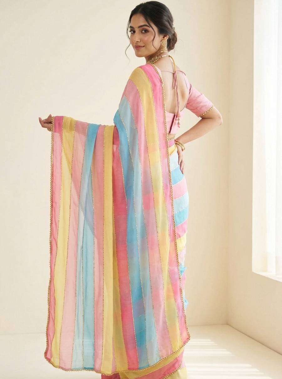 MODERN TABBY ORGANZA MULTI PRINTS WITH BEADS AND CUTDANA HANDWORK BORDER SAREE WITH UNSTITCHED BLOUSE PARTY WEAR WHOLESALE PRICE ETHNIC GARMENT (3)