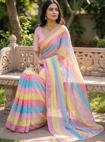 MODERN TABBY ORGANZA MULTI PRINTS WITH BEADS AND CUTDANA HANDWORK BORDER SAREE WITH UNSTITCHED BLOUSE MULTI
