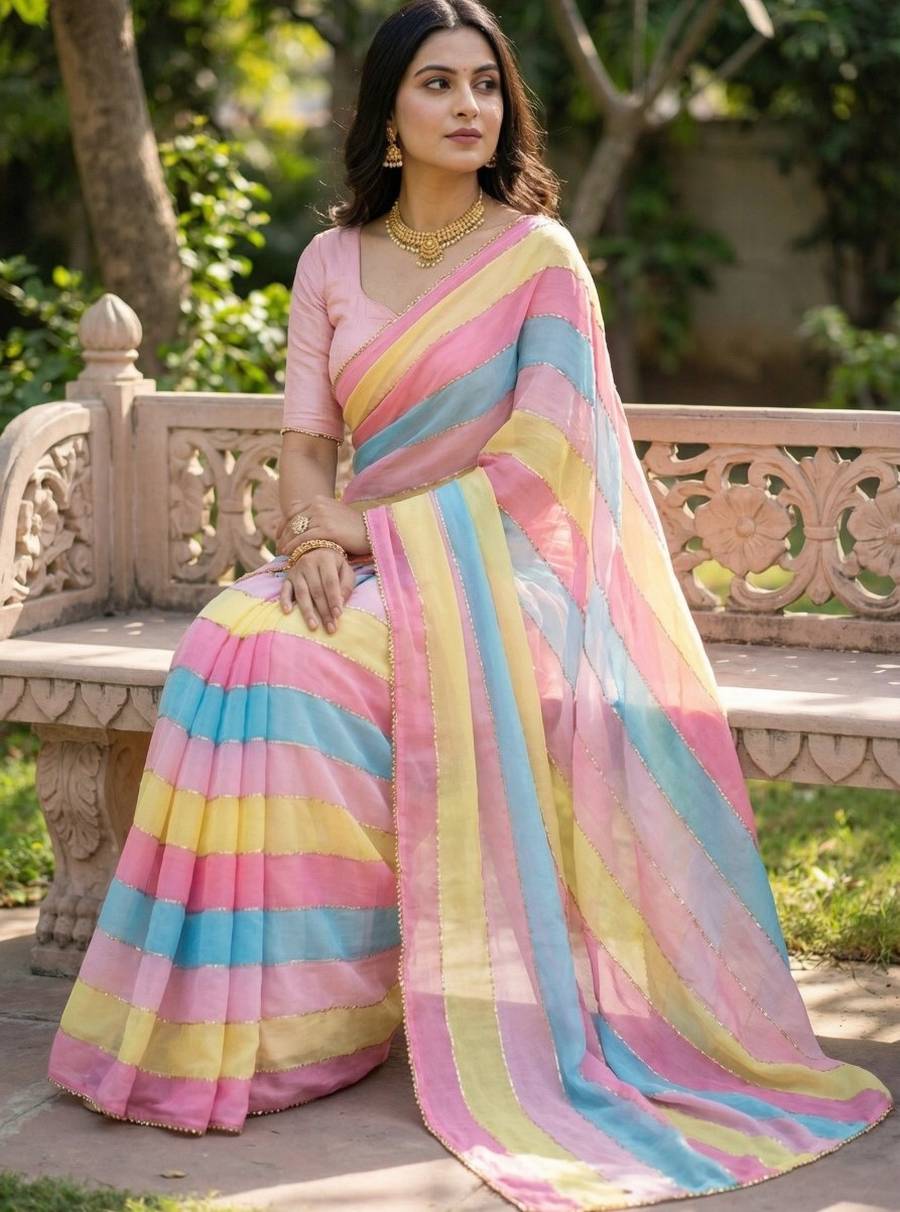 MODERN TABBY ORGANZA MULTI PRINTS WITH BEADS AND CUTDANA HANDWORK BORDER SAREE WITH UNSTITCHED BLOUSE PARTY WEAR WHOLESALE PRICE ETHNIC GARMENT (4)