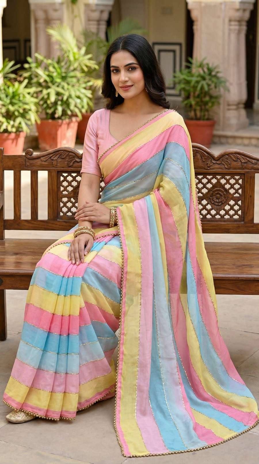 MODERN TABBY ORGANZA MULTI PRINTS WITH BEADS AND CUTDANA HANDWORK BORDER SAREE WITH UNSTITCHED BLOUSE PARTY WEAR WHOLESALE PRICE ETHNIC GARMENT (5)
