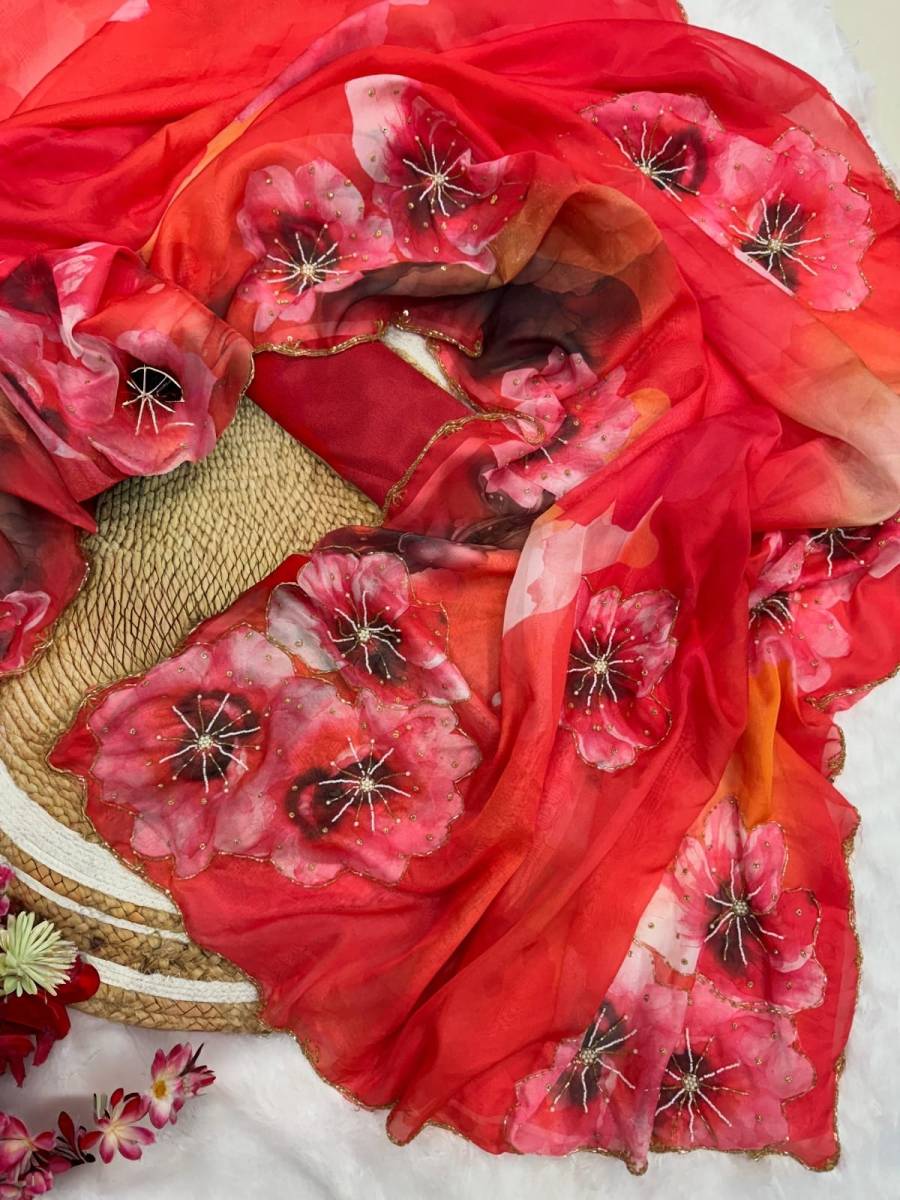 MODERN TABBY SILK FLORAL PRINT WITH BEADS SEQUENCE AND CUTDANA HANDWORK BORDER SAREE WITH UNSTITCHED BLOUSE PARTY WEAR WHOLESALE PRICE ETHNIC GARMENT (10)