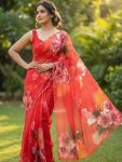 MODERN TABBY SILK FLORAL PRINT WITH BEADS SEQUENCE AND CUTDANA HANDWORK BORDER SAREE WITH UNSTITCHED BLOUSE RED