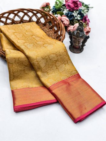 MODERN TISSUE ZARI AND GOLDEN FLOWER WEAVING WORK SAREE WITH UNSTITCHED BLOUSE GOLD AND RED