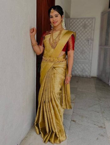 MODERN TISSUE ZARI AND GOLDEN FLOWER WEAVING WORK SAREE WITH UNSTITCHED BLOUSE GOLD