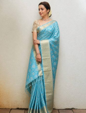 MODERN TISSUE ZARI AND GOLDEN FLOWER WEAVING WORK SAREE WITH UNSTITCHED BLOUSE SKY
