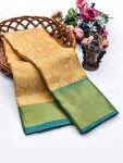 MODERN TISSUE ZARI AND GOLDEN FLOWER WEAVING WORK SAREE WITH UNSTITCHED BLOUSE GOLD AND GREEN