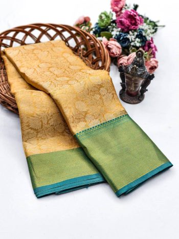MODERN TISSUE ZARI AND GOLDEN FLOWER WEAVING WORK SAREE WITH UNSTITCHED BLOUSE GOLD AND GREEN
