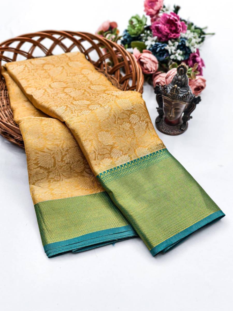 MODERN TISSUE ZARI AND GOLDEN FLOWER WEAVING WORK SAREE WITH UNSTITCHED BLOUSE FESTIVE WEAR WHOLESALE PRICE ETHNIC GARMENT (25)