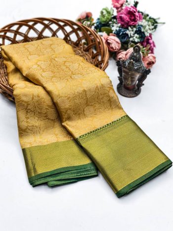 MODERN TISSUE ZARI AND GOLDEN FLOWER WEAVING WORK SAREE WITH UNSTITCHED BLOUSE GOLD AND TEAL