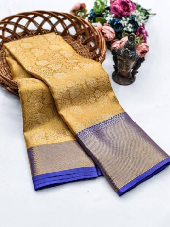 MODERN TISSUE ZARI AND GOLDEN FLOWER WEAVING WORK SAREE WITH UNSTITCHED BLOUSE GOLD AND PURPLE