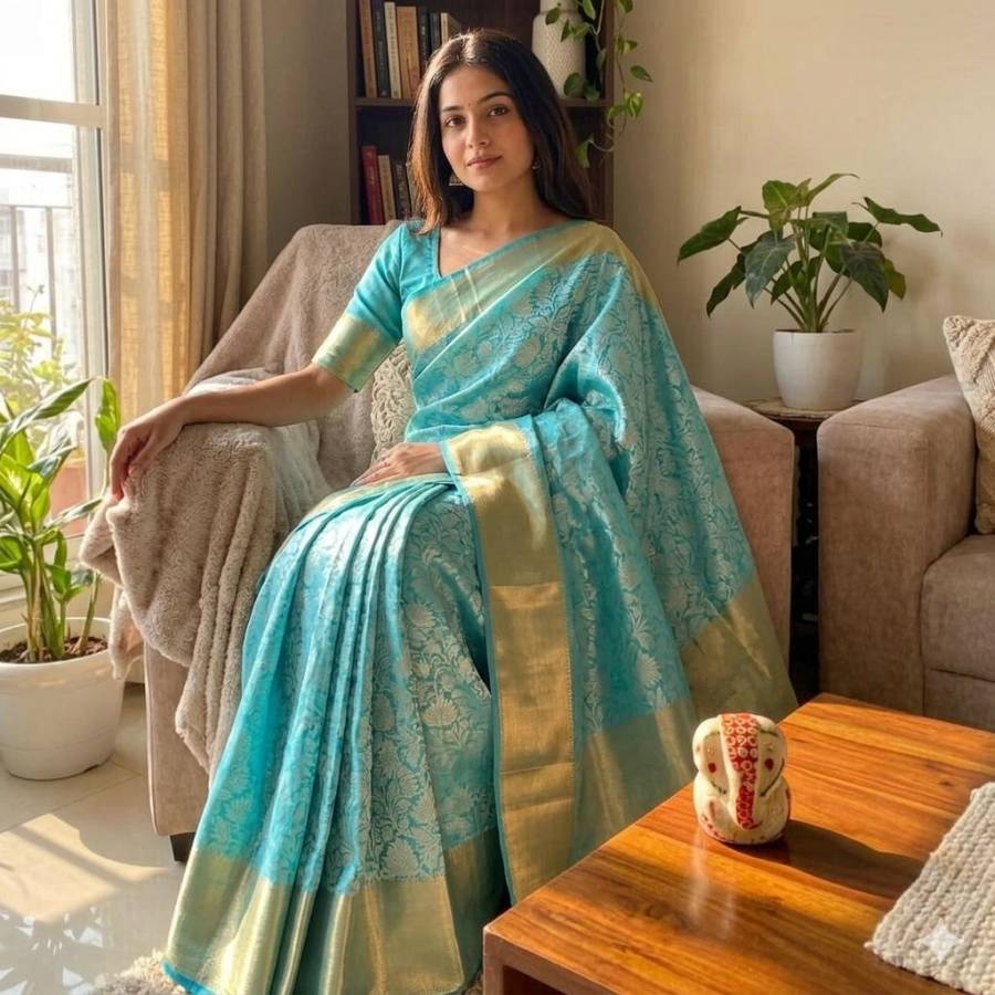 MODERN TISSUE ZARI AND GOLDEN FLOWER WEAVING WORK SAREE WITH UNSTITCHED BLOUSE FESTIVE WEAR WHOLESALE PRICE ETHNIC GARMENT (4)