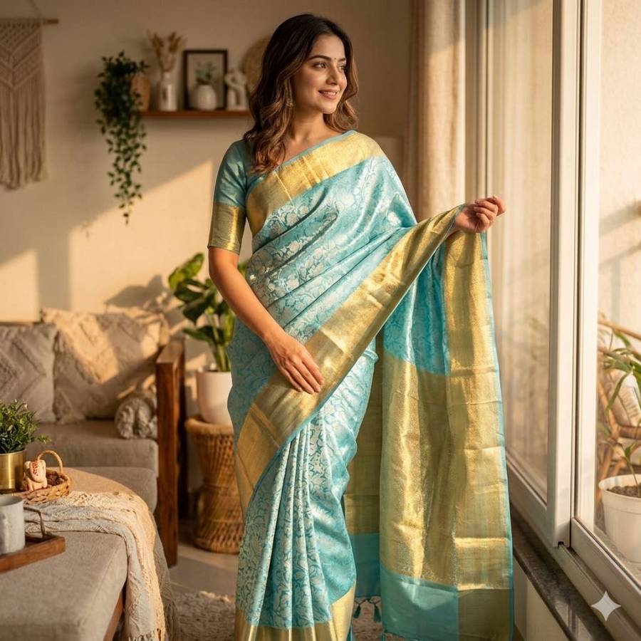 MODERN TISSUE ZARI AND GOLDEN FLOWER WEAVING WORK SAREE WITH UNSTITCHED BLOUSE FESTIVE WEAR WHOLESALE PRICE ETHNIC GARMENT (5)