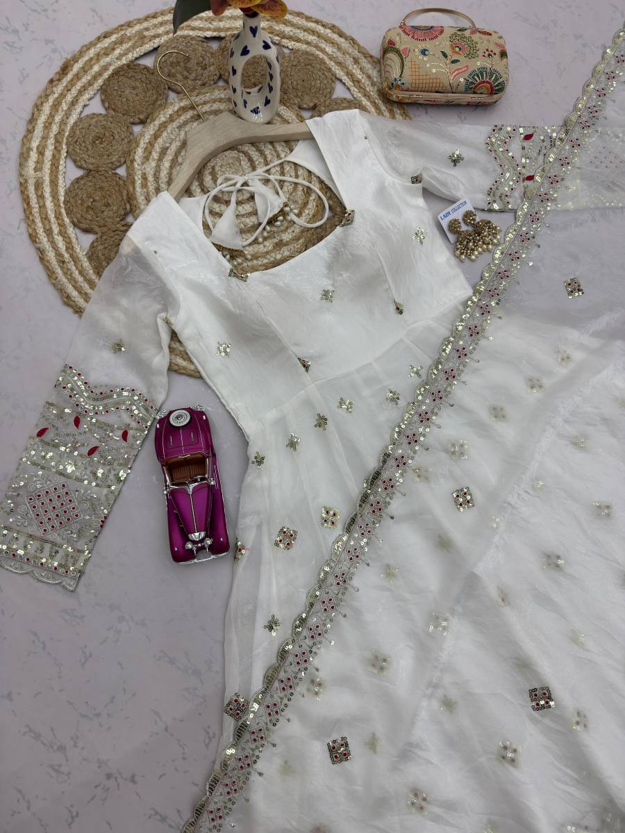 MODERN TWO TINE FENDY SILK EMBROIDERY SEQUENCE WORK GOWN PALAZZO WITH DUPATTA WHITE WEDDING WEAR WHOLESALE PRICE ETHNIC GARMENT (1)