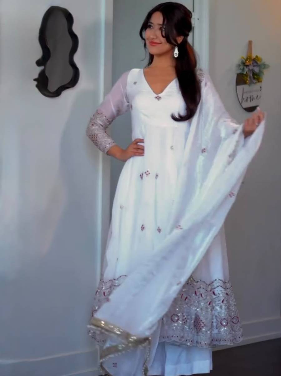 MODERN TWO TINE FENDY SILK EMBROIDERY SEQUENCE WORK GOWN PALAZZO WITH DUPATTA WHITE WEDDING WEAR WHOLESALE PRICE ETHNIC GARMENT (3)
