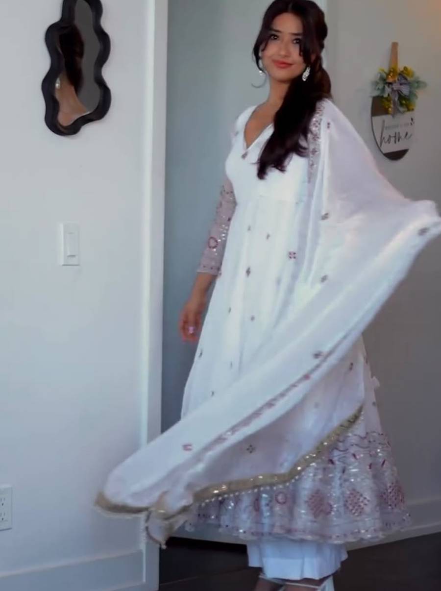MODERN TWO TINE FENDY SILK EMBROIDERY SEQUENCE WORK GOWN PALAZZO WITH DUPATTA WHITE WEDDING WEAR WHOLESALE PRICE ETHNIC GARMENT (4)