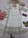 MODERN TWO TINE FENDY SILK EMBROIDERY SEQUENCE WORK GOWN PALAZZO WITH DUPATTA WHITE WEDDING WEAR WHOLESALE PRICE ETHNIC GARMENT (2)