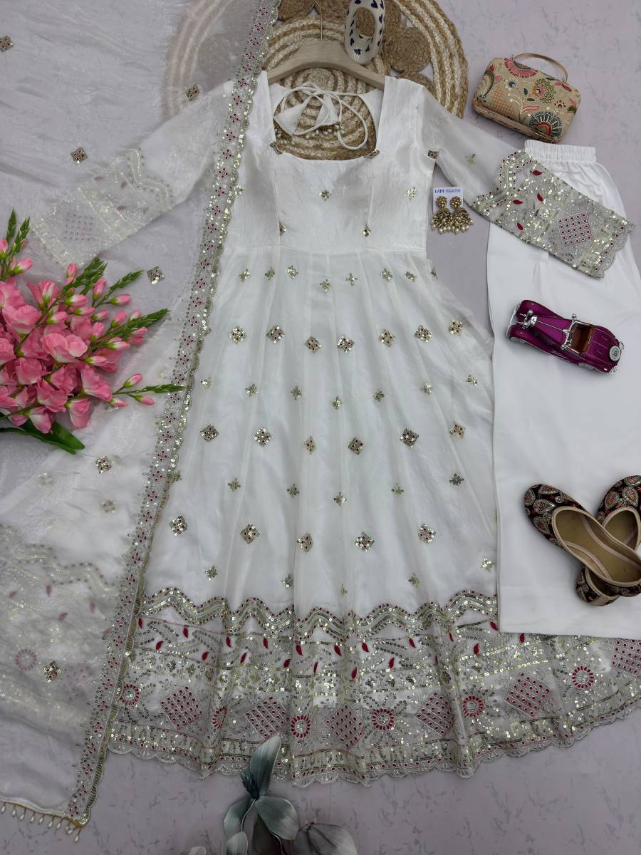 MODERN TWO TINE FENDY SILK EMBROIDERY SEQUENCE WORK GOWN PALAZZO WITH DUPATTA WHITE WEDDING WEAR WHOLESALE PRICE ETHNIC GARMENT (5)