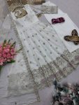 MODERN TWO TINE FENDY SILK EMBROIDERY SEQUENCE WORK GOWN PALAZZO WITH DUPATTA WHITE WEDDING WEAR WHOLESALE PRICE ETHNIC GARMENT (2)