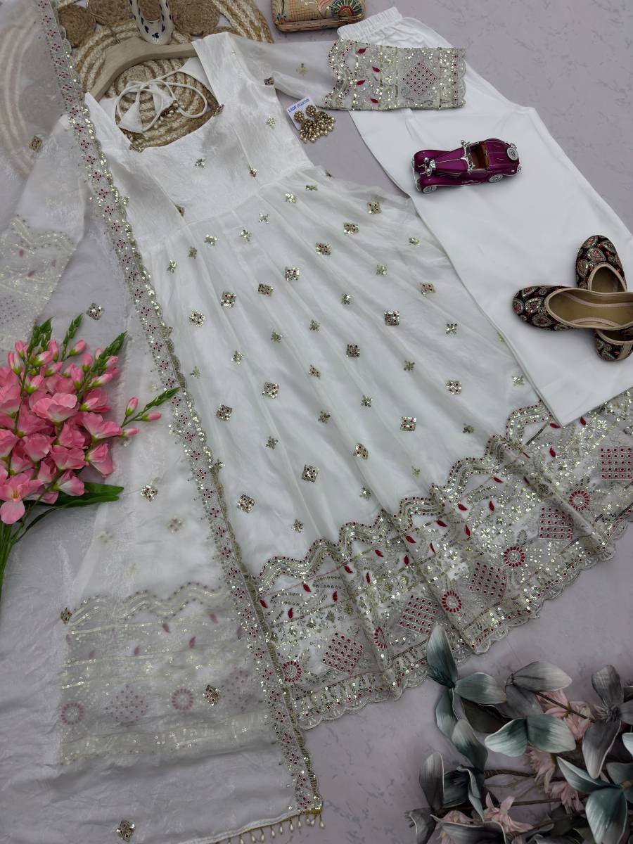 MODERN TWO TINE FENDY SILK EMBROIDERY SEQUENCE WORK GOWN PALAZZO WITH DUPATTA WHITE WEDDING WEAR WHOLESALE PRICE ETHNIC GARMENT (6)