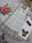 MODERN TWO TINE FENDY SILK EMBROIDERY SEQUENCE WORK GOWN PALAZZO WITH DUPATTA WHITE WEDDING WEAR WHOLESALE PRICE ETHNIC GARMENT (2)