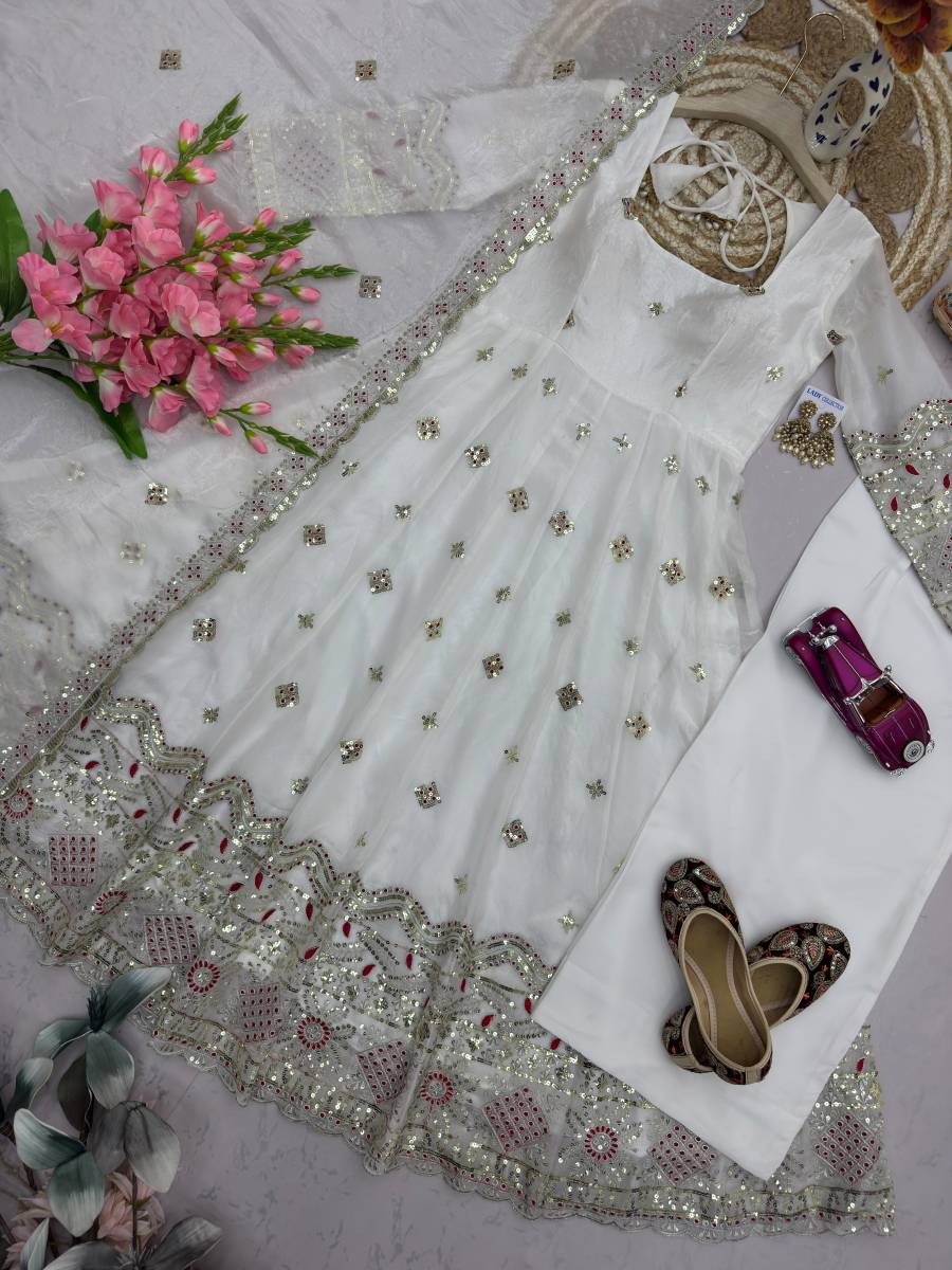 MODERN TWO TINE FENDY SILK EMBROIDERY SEQUENCE WORK GOWN PALAZZO WITH DUPATTA WHITE WEDDING WEAR WHOLESALE PRICE ETHNIC GARMENT (7)