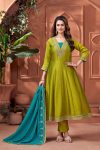 MODERN VICHITRA SILK EMBROIDERY, SEQUENCE & CODING WORK ANARKALI BOTTOM WITH DUPATTA PARROT GREEN