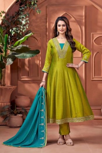 MODERN VICHITRA SILK EMBROIDERY, SEQUENCE & CODING WORK ANARKALI BOTTOM WITH DUPATTA PARROT GREEN