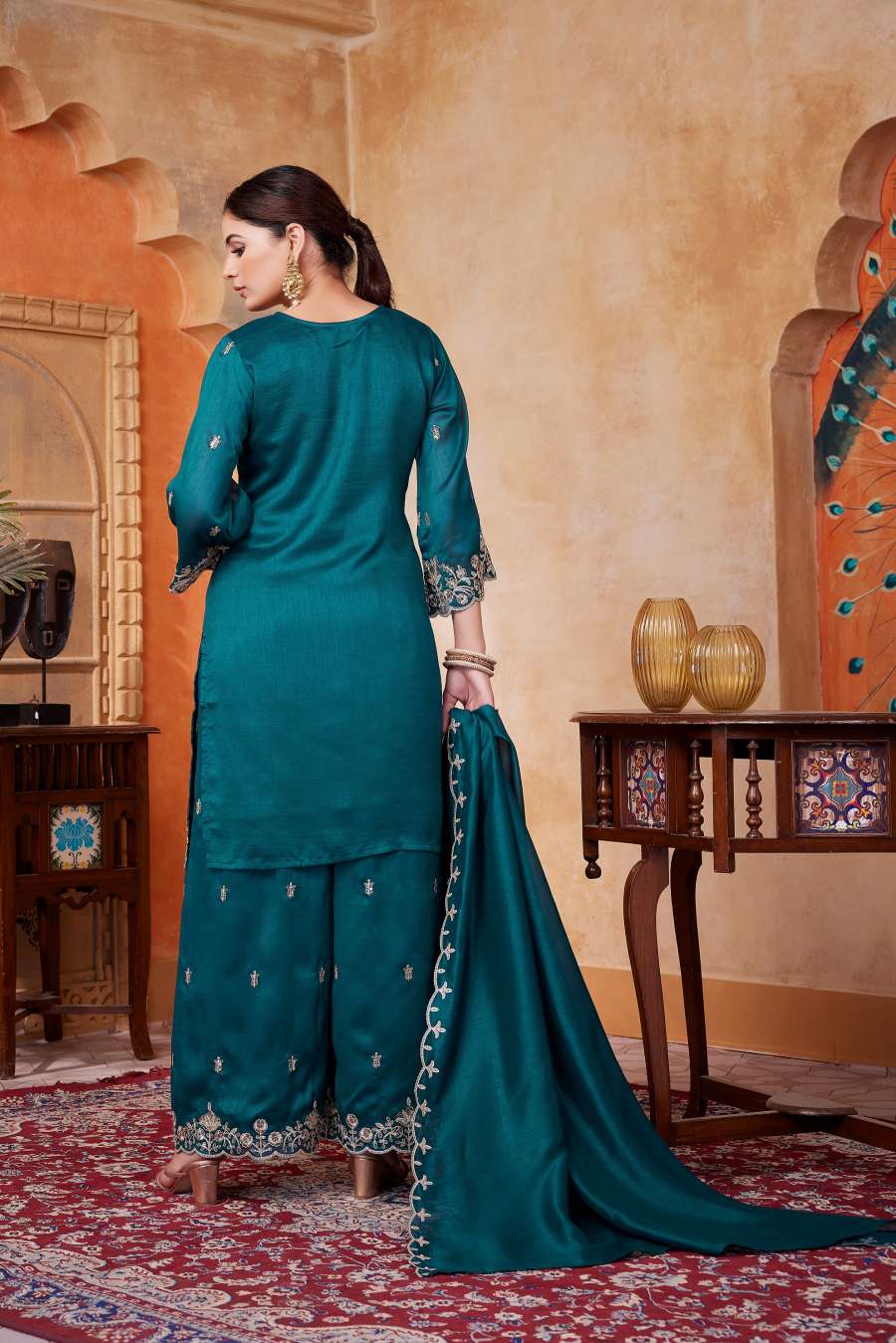 MODERN VICHITRA SILK EMBROIDERY, SEQUENCE & CODING WORK TOP PALAZZO WITH DUPATTA FESTIVE WEAR WHOLESLALE PRICE ETHNIC GARMENT (10)