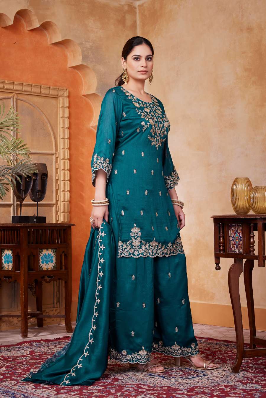 MODERN VICHITRA SILK EMBROIDERY, SEQUENCE & CODING WORK TOP PALAZZO WITH DUPATTA FESTIVE WEAR WHOLESLALE PRICE ETHNIC GARMENT (11)