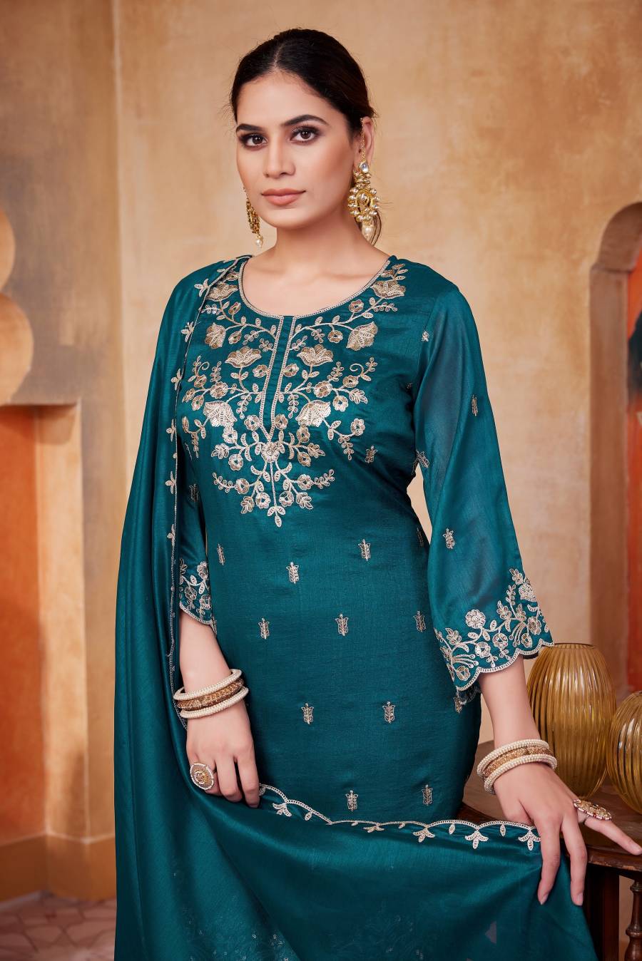 MODERN VICHITRA SILK EMBROIDERY, SEQUENCE & CODING WORK TOP PALAZZO WITH DUPATTA FESTIVE WEAR WHOLESLALE PRICE ETHNIC GARMENT (12)