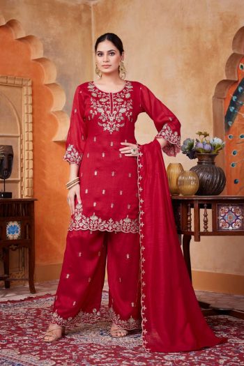 MODERN VICHITRA SILK EMBROIDERY, SEQUENCE & CODING WORK TOP PALAZZO WITH DUPATTA RED