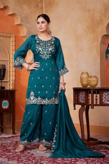 MODERN VICHITRA SILK EMBROIDERY, SEQUENCE & CODING WORK TOP PALAZZO WITH DUPATTA TEAL