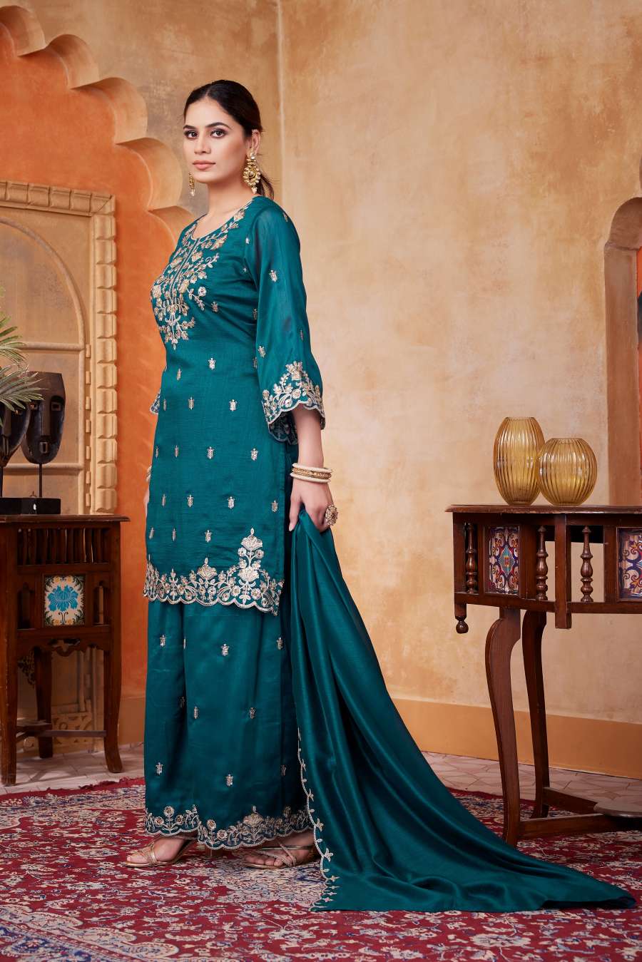 MODERN VICHITRA SILK EMBROIDERY, SEQUENCE & CODING WORK TOP PALAZZO WITH DUPATTA FESTIVE WEAR WHOLESLALE PRICE ETHNIC GARMENT (9)