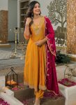 MODERN VICHITRA SILK EMBROIDERY WORK TOP BOTTOM WITH DUPATTA YELLOW