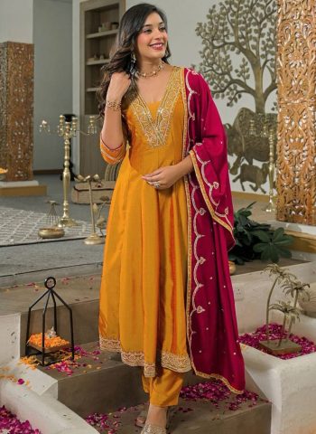 MODERN VICHITRA SILK EMBROIDERY WORK TOP BOTTOM WITH DUPATTA YELLOW
