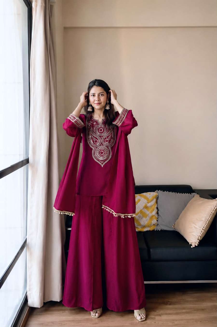 MODERN VICHITRA SILK SEQUENCE AND ZARI AND THREAD EMBROIDERY WORK TOP PALAZZO WITH DUPATTA CASUAL WEAR WHOLESALE PRICE ETHNIC GARMENT (2)