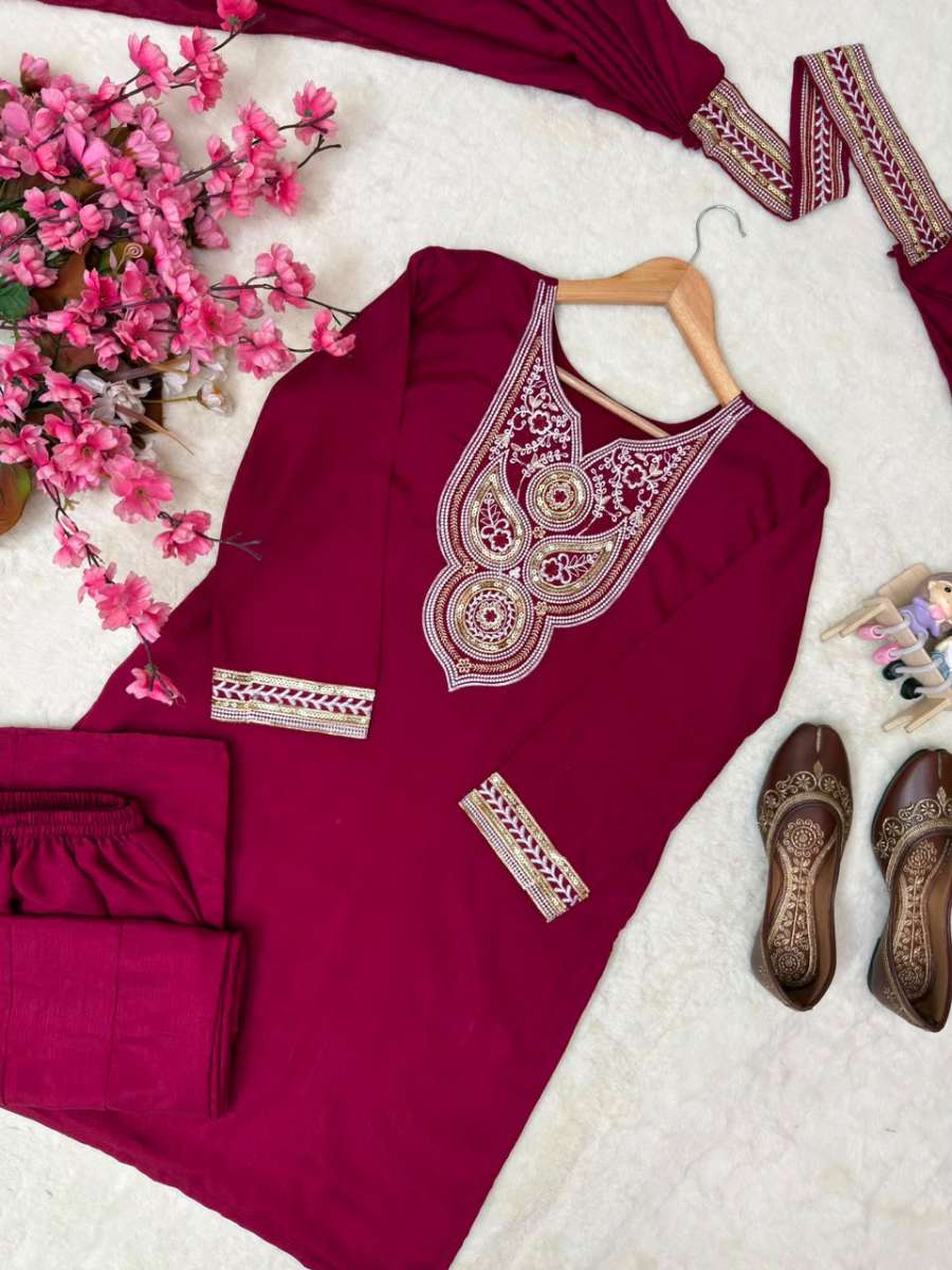 MODERN VICHITRA SILK SEQUENCE AND ZARI AND THREAD EMBROIDERY WORK TOP PALAZZO WITH DUPATTA CASUAL WEAR WHOLESALE PRICE ETHNIC GARMENT (3)