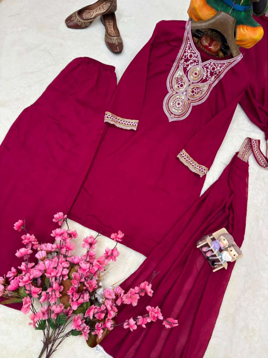 MODERN VICHITRA SILK SEQUENCE AND ZARI AND THREAD EMBROIDERY WORK TOP PALAZZO WITH DUPATTA CASUAL WEAR WHOLESALE PRICE ETHNIC GARMENT (5)