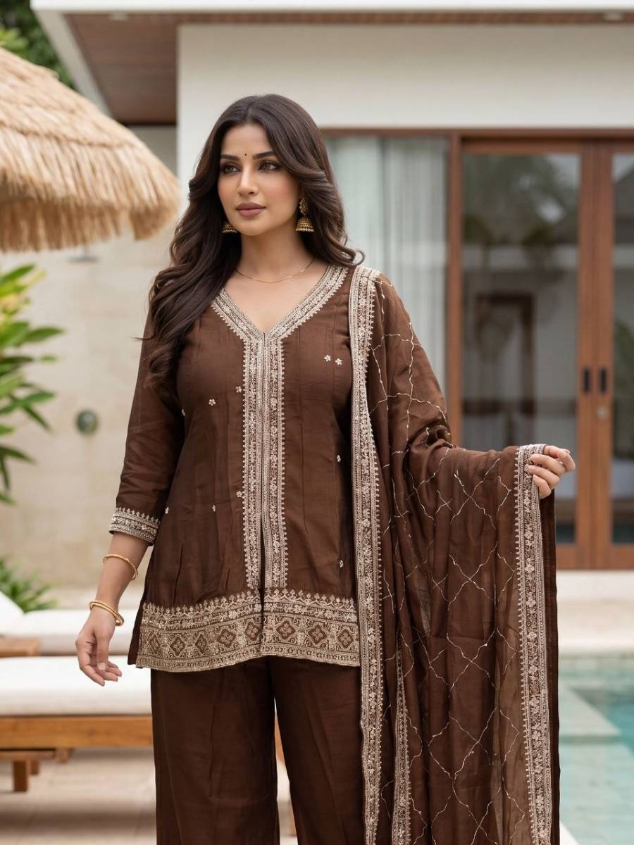 MODERN VICHITRA SILK SEQUENCE CODING EMBROIDERY WORK TOP BOTTOM WITH DUPATTA FESTIVE WEAR WHOLESALE PRICE ETHNIC GARMENT (2)