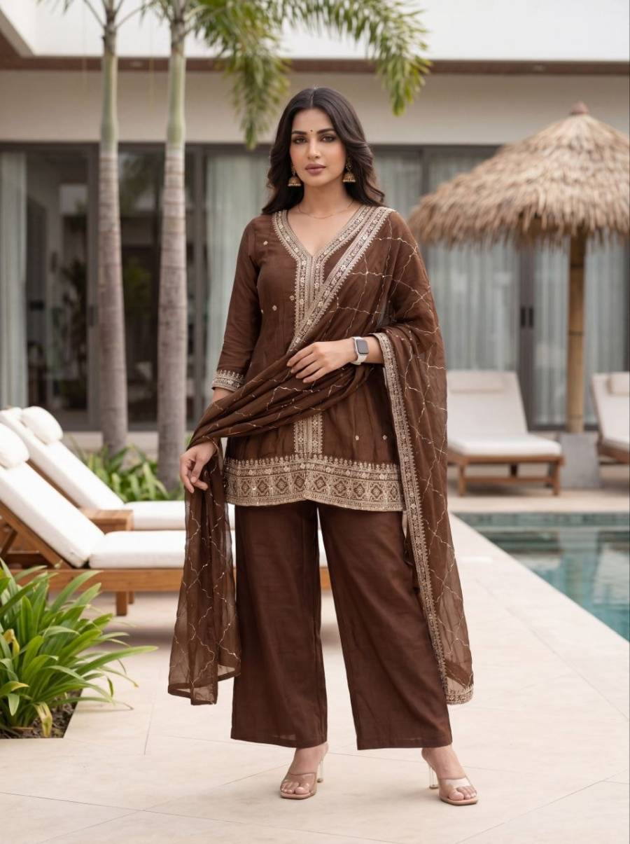 MODERN VICHITRA SILK SEQUENCE CODING EMBROIDERY WORK TOP BOTTOM WITH DUPATTA FESTIVE WEAR WHOLESALE PRICE ETHNIC GARMENT (6)
